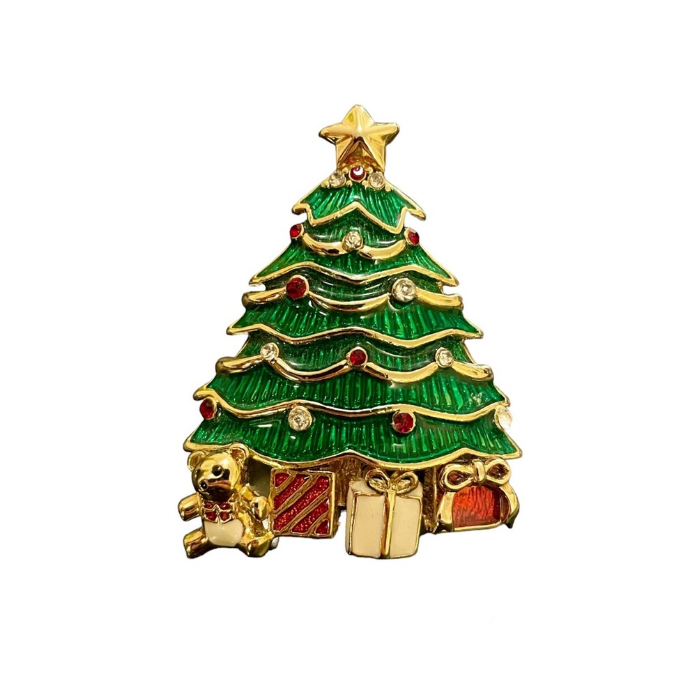 Monet Vintage Brooch Pin Christmas Tree Bear Presents Rhinestone Gold Tone EUC